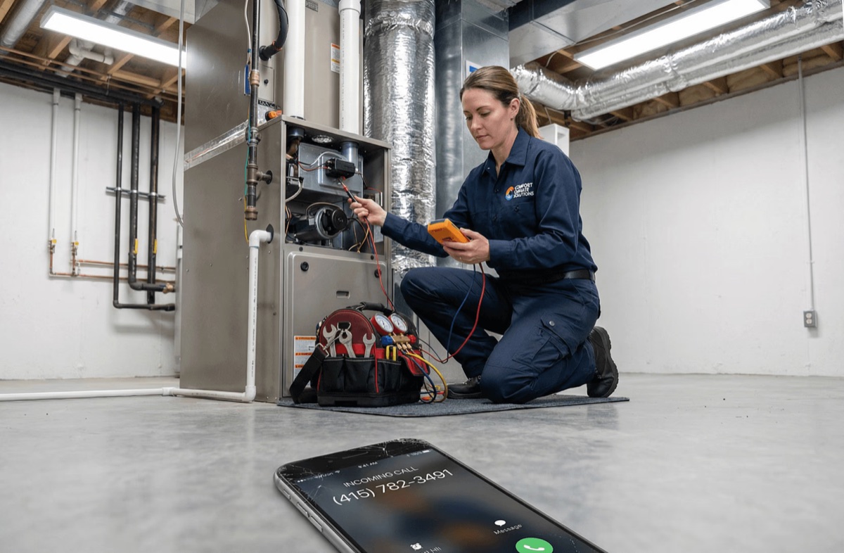 An HVAC technician servicing a furnace while a call comes in unanswered on the floor